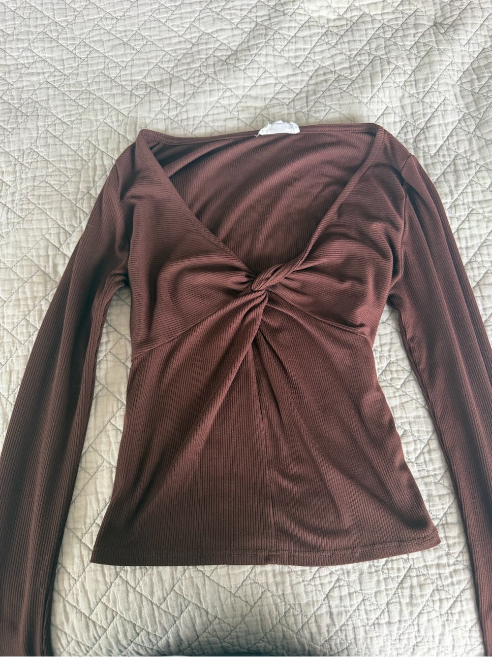 Ribbed Twist-Front Long Sleeve Top - Chocolate Brown